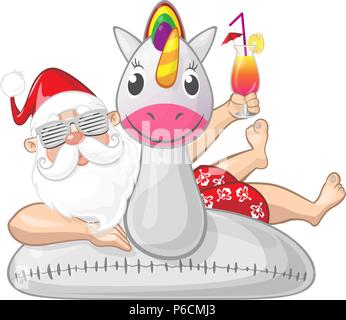 Santa Claus on summer vacation with Unicorn swim ring - wearing sunglasses likes to sunbathing Stock Vector