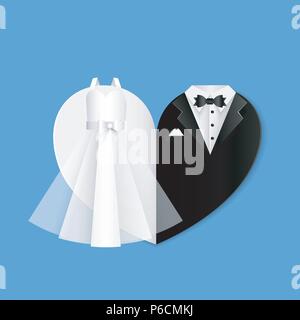 Wedding shape of heart illustration - clothes of the bride and groom Stock Vector