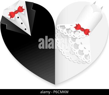 Wedding card paper cut abstract art decoration with red bows - heart shape Stock Vector