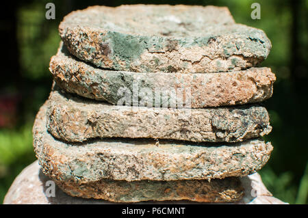 Pile of moldy slices of whole-grain bread on moldy loaf closeup on green natural background Stock Photo