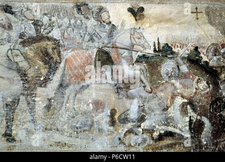 ALFONSO VIII. REY DE CASTILLA. 1155 - 1214. ' BATALLA DE LAS NAVAS DE TOLOSA, 1.212 '. RECONQUISTA. DETALLE DE LOS FRESCOS QUE DECORAN LAS PUERTAS DEL CORO DE LA IGLESIA DEL MONASTERIO DE LAS HUELGAS EN BURGOS. Stock Photo