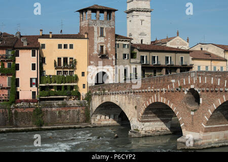 The Ponte Pietra (Italian for 'Stone Bridge'), once known as the Pons Marmoreus, is a Roman arch bridge crossing the Adige River in Verona, Italy. The Stock Photo