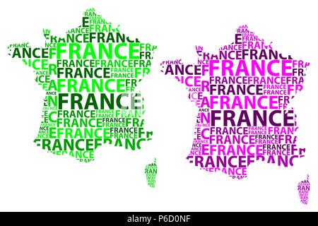 Sketch France letter text map, French Republic - in the shape of the continent, Map France - green and purple vector illustration Stock Vector