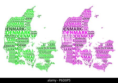 Sketch Denmark letter text map, Denmark - in the shape of the continent, Map Kingdom of Denmark - green and purple vector illustration Stock Vector