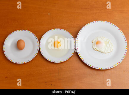 Aerial View of an egg, a fried egg and a raw egg out of the shell, on plates of different sizes Stock Photo