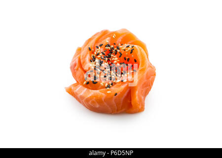 Fillets of raw salmon with sesame isolated on white background. Stock Photo