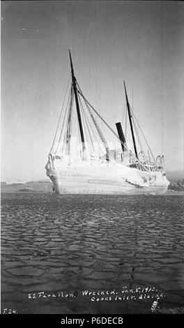 . English: FARALLON covered in ice four weeks after wreck, Iliamna Bay, January 1910 . English: The Alaska Steamship Co.'s steam schooner Farallon which serviced southeastern Alaska was wrecked in Iliamna Bay on January 5, 1910. John Thwaites was among the shipwrecked passengers. Caption on image: S.S. Farallon, wrecked Jan. 5, 1910, Cooks Inlet, Alaska PH Coll 247.106 Subjects (LCTGM): Farallon (Ship); Cargo ships--Alaska; Shipwrecks--Alaska; Ice--Alaska; Iliamna Bay (Alaska); Bays (Bodies of water)--Alaska; Alaska Steamship Co.--Equipment & supplies--Alaska Subjects (LCSH): Steamboats--Alask Stock Photo