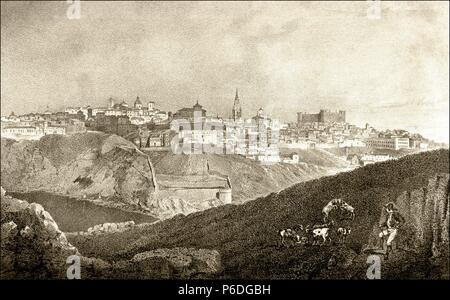 TOLEDO. VISTA DE LA CIUDAD DESDE LA VIRGEN DEL VALLE. DIBUJO DE FRANCISCO JAVIER PARCERISA , 1885. Stock Photo