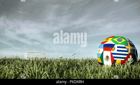 Soccer ball with international country flag of russian sport event groups. Realistic color football on goal post field over black and white landscape. Stock Photo