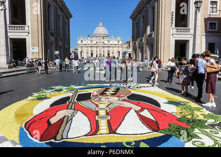 Rome, Italy. On the occasion of the feast of St. Peter and St. Paul, the two patron saints of Rome, returns the historic Infiorata, a spectacular carpet of flowers that leads down Via della Conciliazione and towards the River Tiber. Rome, Italy, Europe, European Union, EU. Credit: Glenstar/Alamy Live News Stock Photo