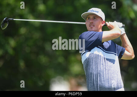 Potomac, Maryland, USA. JUNE 29, 2018 - Ethan Tracy (USA) tees off at the fifteenth hole during the second round at the 2018 Quicken Loans National at the Tournament Players Club in Potomac MD. Credit: Cal Sport Media/Alamy Live News Stock Photo