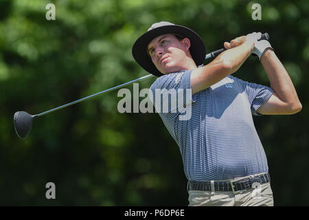 Potomac, Maryland, USA. JUNE 29, 2018 - Joel Dahmen (USA) tees off at the fifteenth hole during the second round at the 2018 Quicken Loans National at the Tournament Players Club in Potomac MD. Credit: Cal Sport Media/Alamy Live News Stock Photo