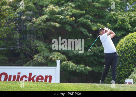 Potomac, Maryland, USA. JUNE 29, 2018 - Byeong Hun An (KOR) tees off at the eighteenth hole during the second round at the 2018 Quicken Loans National at the Tournament Players Club in Potomac MD. Credit: Cal Sport Media/Alamy Live News Stock Photo