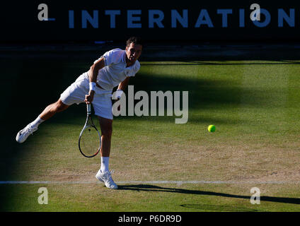 Devonshire Park, Eastbourne, UK. 29th June, 2018. Nature Valley International Tennis; Mikhail Kukushkin (KAZ) serves to Mischa Zverev (GER) Credit: Action Plus Sports/Alamy Live News Stock Photo