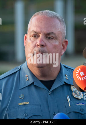 Anne Arundel County Acting Police Chief William Krampf updates the media on the crime scene investigation at 888 Bestgate Road; Annapolis, Maryland, where a shooter opened fire at the Capital Gazette newspaper killing five people and injuring many others on Thursday, June 28, 2018. Credit: Ron Sachs/CNP/MediaPunch (RESTRICTION: NO New York or New Jersey Newspapers or newspapers within a 75 mile radius of New York City) /MediaPunch Stock Photo