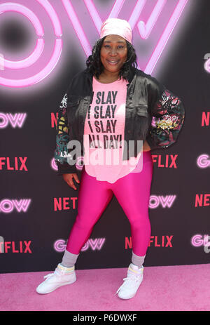 VENICE, CA - JUNE 29: Kia Stevens, at the Cast Of Netflix's 'Glow' Celebrates Premiere Of Season 2 With 80's Takeover On Muscle Beach at Muscle Beach in Venice, California on June 29, 2018. Credit: Faye Sadou/MediaPunch Stock Photo