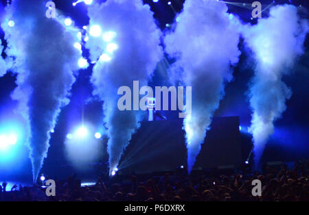 Milwaukee, Wisconsin, USA. 28th June, 2018. Electronic artist Marshmello performs live at Henry Maier Festival Park during Summerfest in Milwaukee, Wisconsin. Ricky Bassman/Cal Sport Media/Alamy Live News Stock Photo