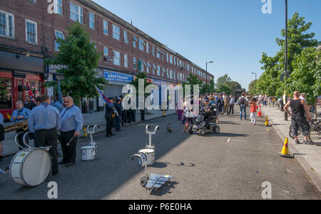 Morden, Surrey, UK. 30 June, 2018. Armed Forces Day Parade prepares for a march past at 10.00am, the salute taken by the Deputy Lieutenant and Mayor of Merton, one of many smaller local parades with members of the Royal British Legion, British Army, Royal Navy, Royal Air Force and London Nepalese (Gurkha) Association participating. Credit: Malcolm Park/Alamy Live News.