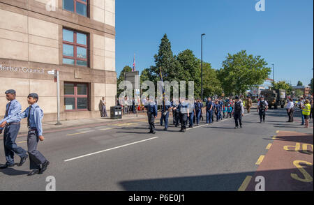 Morden, Surrey, UK. 30 June, 2018. Armed Forces Day Parade march past Merton Civic Centre at 10.00am, the salute taken by the Deputy Lieutenant and Mayor of Merton, one of many smaller local parades from around the UK with members of the Royal British Legion, British Army, Royal Navy, Royal Air Force and London Nepalese (Gurkha) Association participating. Credit: Malcolm Park/Alamy Live News. Stock Photo