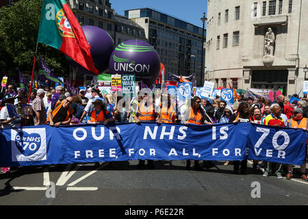 Westminster. London. UK 30 June 2018 - Thousands of doctors, nurses, health campaigners, unions, other NHS staff and their supporters take part in the national celebration and demonstration supporting the NHS ahead of its 70th anniversary.  Credit: Dinendra Haria/Alamy Live News Stock Photo