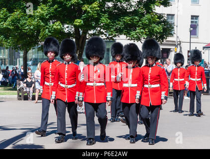 Glasgow, Scotland, UK. 30th June, 2018. Guards wearing bearskin hats during Armed Forces Day. A parade through the city centre from Holland Street to George Square is led by the Royal Marine Band and includes serving military, cadets, youth organisations and veteran associations. Credit: Skully/Alamy Live News Stock Photo