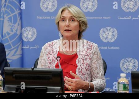 United Nations, New York, USA, June 29 2018 - Agnes Marcaillou, Director of the UN Mine Action Service (UNMAS) brief press ahead of the Security Council briefing on Mine Action today at the UN Headquarters in New York City. Photos: Luiz Rampelotto/EuropaNewswire | usage worldwide Stock Photo