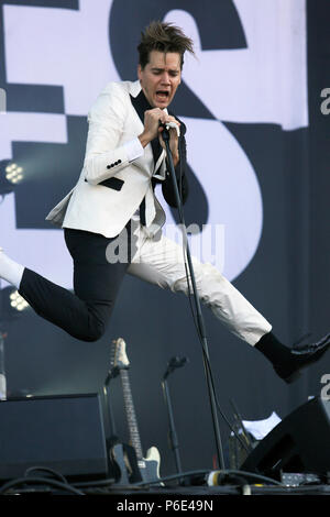 London, UK, 30 June 2018. Pelle Almqvist of The Hives performs live on stage supporting Queens of the Stone Age at Finsbury Park on 30th June 2018. Credit: Georgia Taylor/Alamy Live News Stock Photo