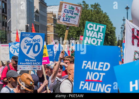 London, UK, 30 June 2018. #OurNHS70: free, for all, forever a protest and celebration march in honour of the 70 year history of the National Health Service. Organised by: The People's Assembly, Trades Union Congress, Unison, Unite, GMB, British Medical Association, Royal College of Nursing, Royal College of Midwives amongst others. Stock Photo