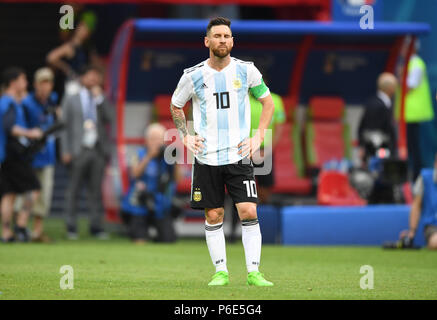 Kazan, Russia. 30th June, 2018. Football World Cup, France vs Argentina at the Kazan Arena. Lionel Messi of Argentina reacts after the final whistle. Credit: Cezaro De Luca/dpa/Alamy Live News Stock Photo
