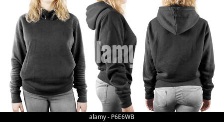Blank black sweatshirt mock up set isolated, front, back and side view. Woman wear grey hoodie mockup. Plain hoody design presentation. Textile gray loose overall model. Pullover for print. Stock Photo