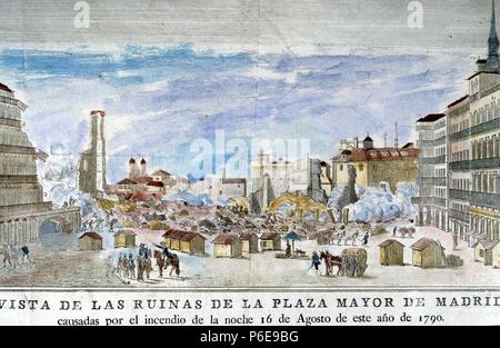 MADRID. VISTA DE LAS RUINAS DE LA PLAZA MAYOR TRAS SU INCENDIO EL 16 - 8 - 17901.  MADRID PINTADO. Stock Photo