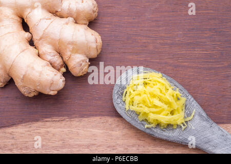 ginger roots on the table, top view Stock Photo