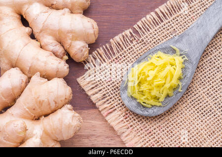 ginger roots on the table, top view Stock Photo