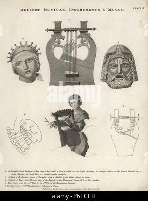 Ancient musical instruments and masks. A Greek barbiton or harp (1), a mask of Hercules furens of Euripides (2), a mask of Thais from Terence's play of the Eunochs (3), lyre player from volume 4, plate 42 of the Herculaneum paintings (4) and lyres from Sir William Hamilton's collection (5,6). Copperplate engraving from Abraham Rees' Cyclopedia or Universal Dictionary of Arts, Sciences and Literature, Longman, Hurst, Rees, Orme and Brown, London, 1820. Stock Photo