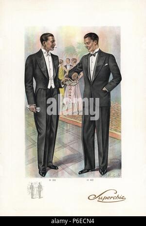 Men in smoking and formal wear at a chic party from the 1920s. Man in smoking suit with wide lapels offering a cigarette to another man in formal wear with black bow tie. Color printed fashion plate by W. A. Richards from the winter catalogue of Superchic, London, 1929. Stock Photo