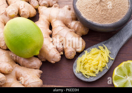 Roots and ginger powder on the table, top view Stock Photo