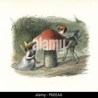 Fairy hiding from an elf behind a toadstool. Handcoloured woodblock print by Edmund Evans after an illustration by Richard Doyle from In Fairyland, a series of Pictures from the Elf World, Longman, London, 1870. Stock Photo