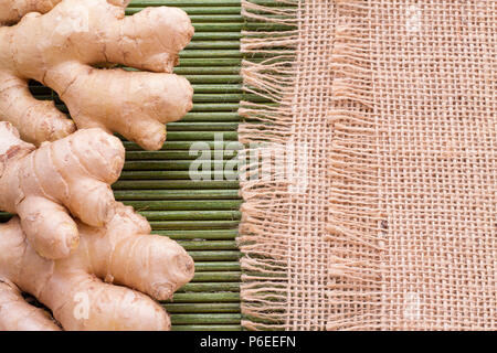 ginger roots on the table, top view Stock Photo