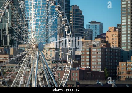 The view of the Seattle Great Wheel from Elliott Bay on board a ferry. Stock Photo