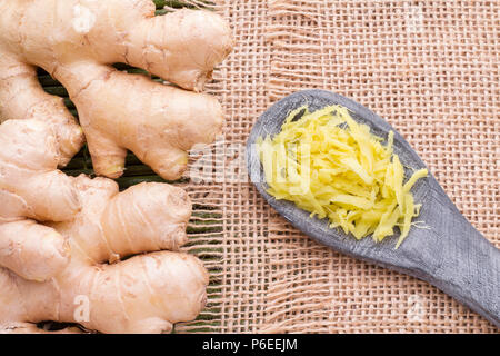 ginger roots on the table, top view Stock Photo