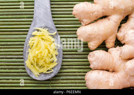 ginger roots on the table, top view Stock Photo