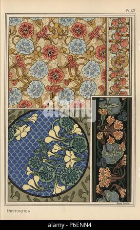 Nasturtium in art nouveau patterns for fabrics, wallpapers and borders. Lithograph by Anna Martin with pochoir (stencil) handcoloring from Eugene Grasset's “Plants and their Application to Ornament,” Paris, 1897. Eugene Grasset (1841-1917) was a Swiss artist whose innovative designs inspired the “art nouveau” movement at the end of the 19th century. Stock Photo