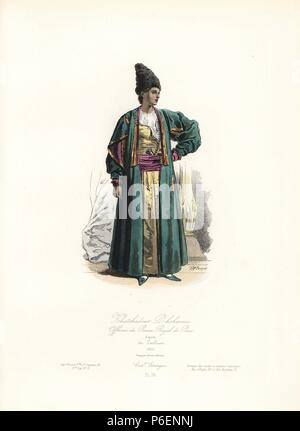 Khatchadour D'hohannes, officer of the Prince Royal of Persia, 1816, after de Lecluse. Handcoloured steel engraving by Hippolyte Pauquet from the Pauquet Brothers' 'Modes et Costumes Etrangers Anciens et Modernes' (Foreign Fashions and Costumes Ancient and Modern), Paris, 1865. Hippolyte (b. 1797) and Polydor Pauquet (b. 1799) ran a successful publishing house in Paris in the 19th century, specializing in illustrated books on costume, birds, butterflies, anatomy and natural history. Stock Photo