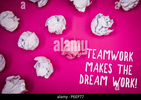 Conceptual hand writing showing Teamwork Makes The Dream Work Call. Business photo text Camaraderie helps achieve success Ideas pink background crumpl Stock Photo