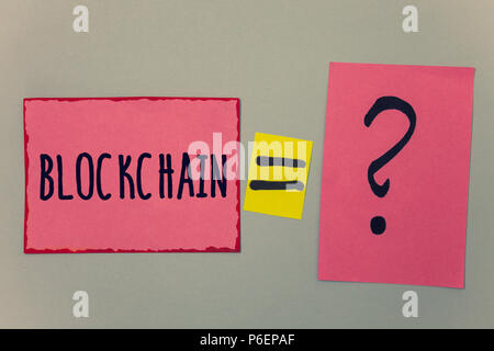 Conceptual hand writing showing Blockchain. Business photo text Register Log Financial Statement Digital Data Technology Record Paper equal sign quest
