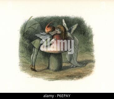 Elf kissing a fairy over a toadstool. Handcoloured woodblock print by Edmund Evans after an illustration by Richard Doyle from In Fairyland, a series of Pictures from the Elf World, Longman, London, 1870. Stock Photo