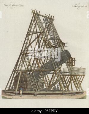 Sir WIlliam Herschel's telescope or the Great Forty-Foot telescope built between 1785 and 1789 at Observatory House in Slough, England. Handcoloured copperplate engraving from Bertuch's 'Bilderbuch fur Kinder' (Picture Book for Children), Weimar, 1798. Friedrich Johann Bertuch (1747-1822) was a German publisher and man of arts most famous for his 12-volume encyclopedia for children illustrated with 1,200 engraved plates on natural history, science, costume, mythology, etc., published from 1790-1830. Stock Photo