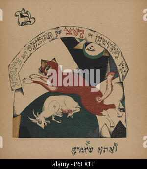 . Iz gekummen die kats..., Part of the series Chad Gadya, p.3.  Deutsch: Illustrationen zum alten hebräischen Lied 'Chad Gadya' ('Eine kleine Ziege'). Illustration zur zweiten Strophe des Liedes, die Katze frißt die Ziege. Die rote Katze fällt über die liegende Ziege her. Im Hintergrund ist das Dorf angedeutet. Der schwarze Einschub über der Katze scheint auf die Nacht zu weisen. . 1919 10 Chad Gadya-03 Stock Photo