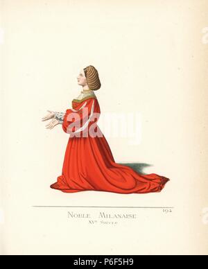 Noblewoman of Milan, 15th century. She wears her hair in a bonnet or perruque, white blouse, scarlet simar with slashed puff sleeves decorated with gold bows to the elbow, tight cuffs. She wears earrings, unusual for the era. From a portrait in Brera Gallery, Milan. Handcoloured illustration drawn and lithographed by Paul Mercuri with text by Camille Bonnard from 'Historical Costumes from the 12th to 15th Centuries,' Levy Fils, Paris, 1861. Stock Photo