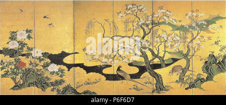 76 Shunka kachō-zu Byōbu by Kanō Einō (left panel Stock Photo - Alamy